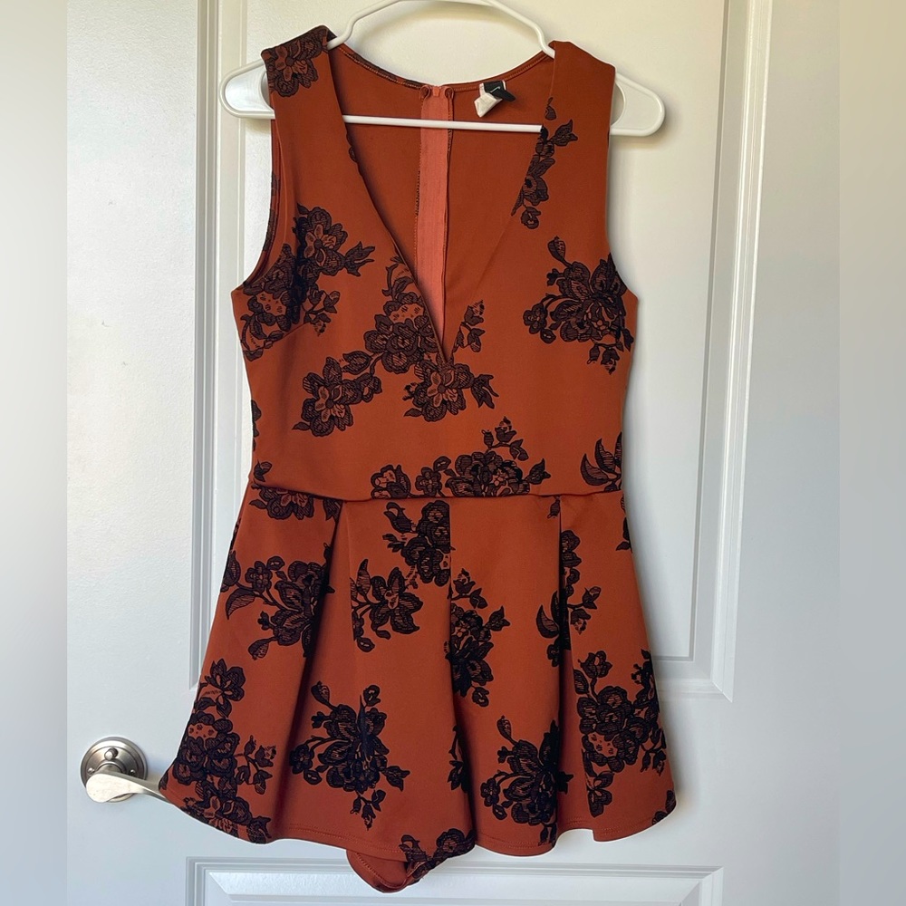 Windsor Women’s Rust Orange Romper With Velvet Floral Accents